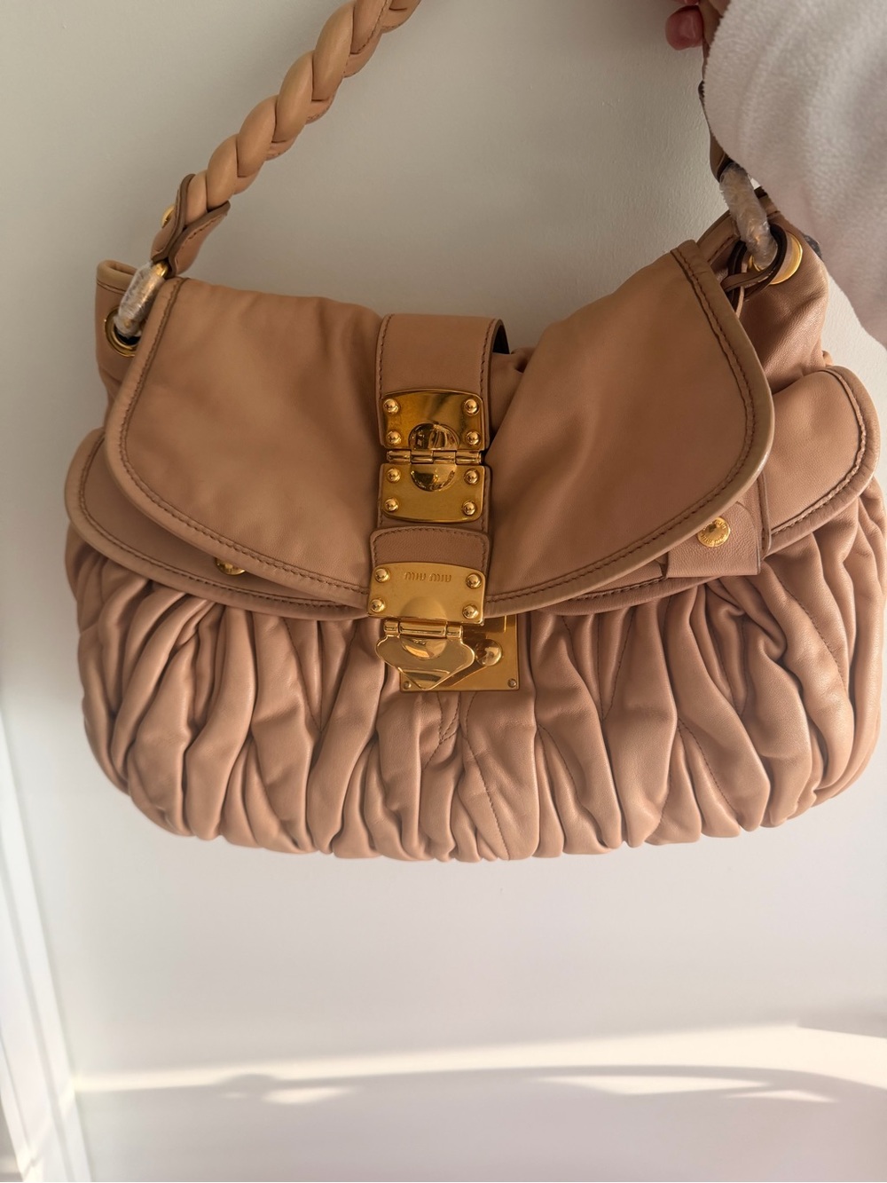 Miu Miu Nude Ruched Leather Shoulder Bag with Gold Hardware